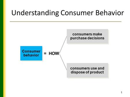 1 Understanding Consumer Behavior Consumer behavior consumers make purchase decisions consumers use and dispose of product = HOW.