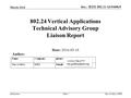 Doc.: IEEE 802.11-16/0468r0 Submission March 2016 802.24 Vertical Applications Technical Advisory Group Liaison Report Date: 2016-03-18 Slide 1 Author: