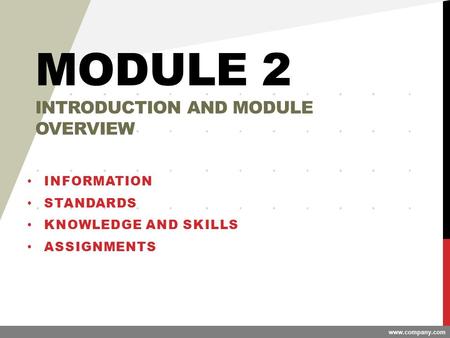 Www.company.com MODULE 2 INTRODUCTION AND MODULE OVERVIEW INFORMATION STANDARDS KNOWLEDGE AND SKILLS ASSIGNMENTS.