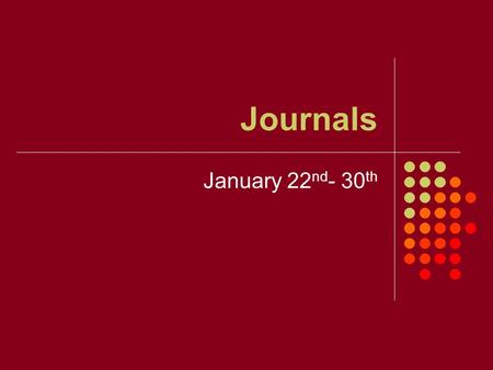 Journals January 22 nd - 30 th. Thursday January 22 nd TH: Write a one page essay about yourself! Five paragraphs 5 sentences each Neat handwriting Complete.