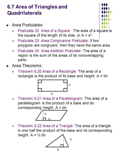 6.7 Area of Triangles and Quadrilaterals Area Postulates: Postulate 22 Area of a Square: The area of a square is the square of the length of its side,