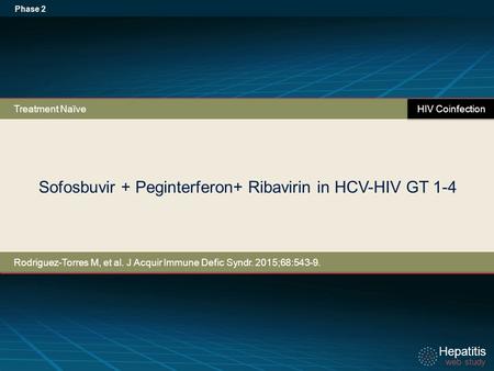Hepatitis web study Hepatitis web study Sofosbuvir + Peginterferon+ Ribavirin in HCV-HIV GT 1-4 Phase 2 Rodriguez-Torres M, et al. J Acquir Immune Defic.