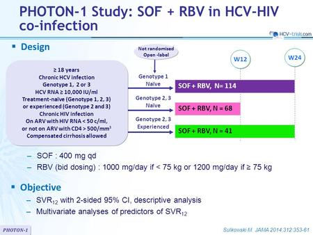 PHOTON-1  Design  Objective –SVR 12 with 2-sided 95% CI, descriptive analysis –Multivariate analyses of predictors of SVR 12 SOF + RBV, N= 114 SOF +