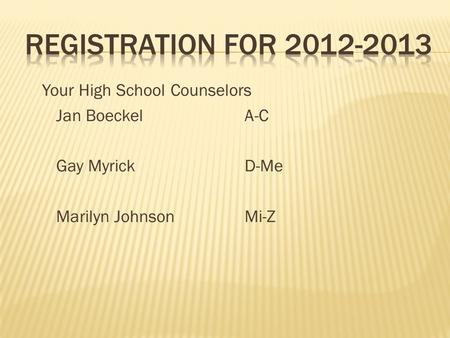 Your High School Counselors Jan Boeckel A-C Gay MyrickD-Me Marilyn JohnsonMi-Z.