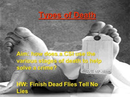 Types of Death Aim: how does a CSI use the various stages of death to help solve a crime? HW: Finish Dead Flies Tell No Lies.