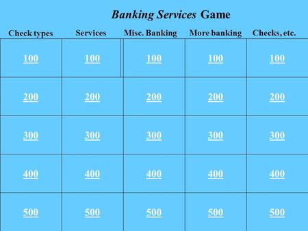 100 200 300 400 500 100 200 300 400 500 100 More bankingChecks, etc. Check types ServicesMisc. Banking Banking Services Game.