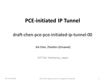 Draft-chen-rtgwg-resource-management-yang-00IETF 94 RTGWG1 PCE-initiated IP Tunnel draft-chen-pce-pce-initiated-ip-tunnel-00 Xia Chen, Zhenbin Li(Huawei)