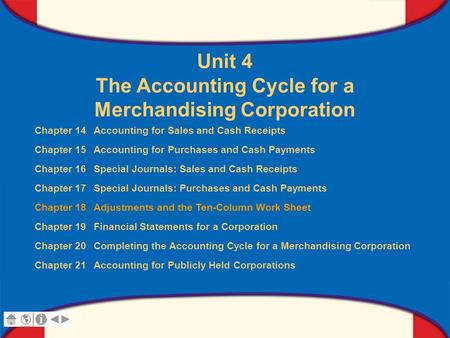 0 Glencoe Accounting Unit 4 Chapter 18 Copyright © by The McGraw-Hill Companies, Inc. All rights reserved. Unit 4 The Accounting Cycle for a Merchandising.