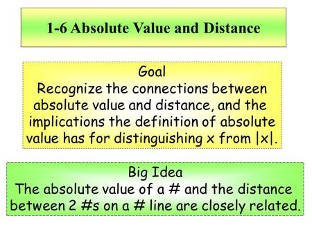 1-6 Absolute Value and Distance Goal Recognize the connections between absolute value and distance, and the implications the definition of absolute value.