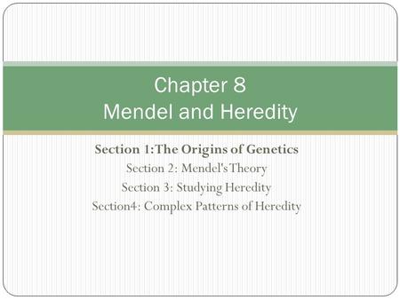 Section 1: The Origins of Genetics Section 2: Mendel's Theory Section 3: Studying Heredity Section4: Complex Patterns of Heredity Chapter 8 Mendel and.