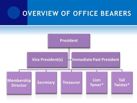 President Membership Director SecretaryTreasurer Lion Tamer* Tail Twister* Vice President(s)Immediate Past President OVERVIEW OF OFFICE BEARERS.