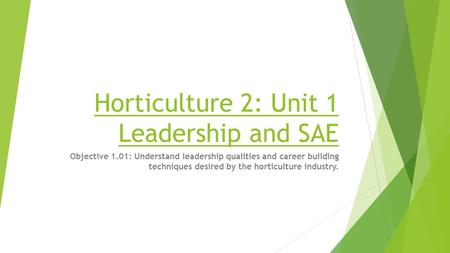 Horticulture 2: Unit 1 Leadership and SAE Objective 1.01: Understand leadership qualities and career building techniques desired by the horticulture industry.
