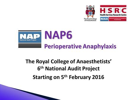 NAP6 Perioperative Anaphylaxis The Royal College of Anaesthetists’ 6 th National Audit Project Starting on 5 th February 2016.