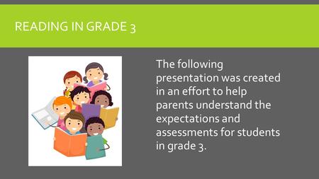 READING IN GRADE 3 The following presentation was created in an effort to help parents understand the expectations and assessments for students in grade.