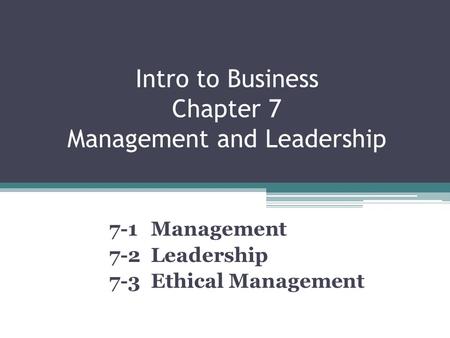 Intro to Business Chapter 7 Management and Leadership 7-1 Management 7-2 Leadership 7-3 Ethical Management.