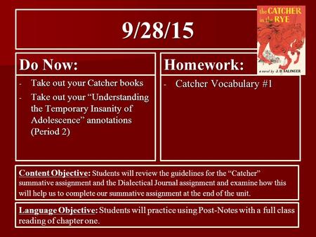 9/28/15 Do Now: - Take out your Catcher books - Take out your “Understanding the Temporary Insanity of Adolescence” annotations (Period 2) Homework: -