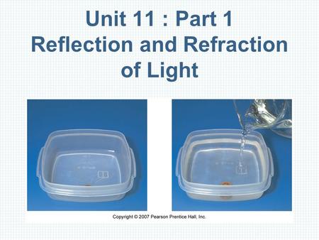 Unit 11 : Part 1 Reflection and Refraction of Light.