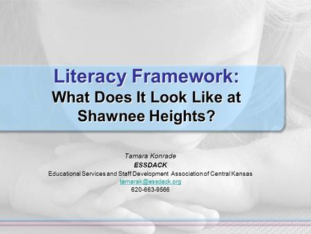 Literacy Framework: What Does It Look Like at Shawnee Heights? Tamara Konrade ESSDACK Educational Services and Staff Development Association of Central.