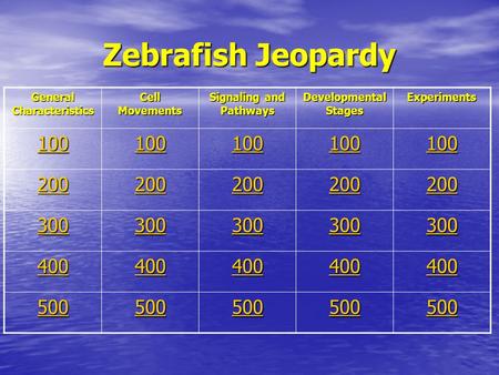 Zebrafish Jeopardy General Characteristics Cell Movements Signaling and Pathways Developmental Stages Experiments 100 200 300 400 500.