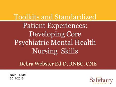 Toolkits and Standardized Patient Experiences: Developing Core Psychiatric Mental Health Nursing Skills Debra Webster Ed.D, RNBC, CNE NSP II Grant 2014-2016.