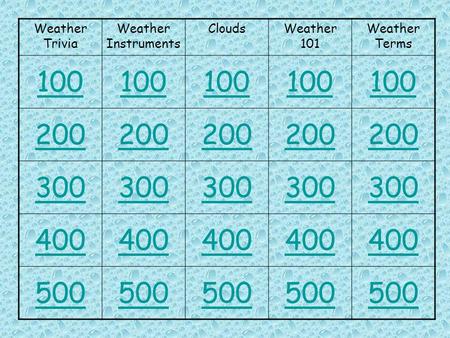 Weather Trivia Weather Instruments CloudsWeather 101 Weather Terms 100 200 300 400 500.