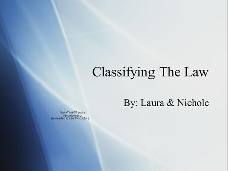 Classifying The Law By: Laura & Nichole. Law Division  Law is divided into many different areas. This is to cover everything in our legal system and.