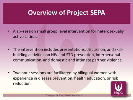 Overview of Project SEPA A six-session small group level intervention for heterosexually active Latinas. The intervention includes presentations, discussion,