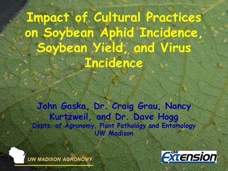 UW MADISON AGRONOMY Impact of Cultural Practices on Soybean Aphid Incidence, Soybean Yield, and Virus Incidence John Gaska, Dr. Craig Grau, Nancy Kurtzweil,