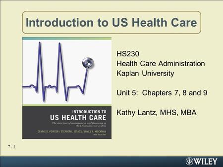 7 - 1 Introduction to US Health Care HS230 Health Care Administration Kaplan University Unit 5: Chapters 7, 8 and 9 Kathy Lantz, MHS, MBA.