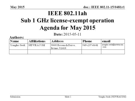 Doc.: IEEE 802.11-15/0481r1 Submission May 2015 Yongho Seok (NEWRACOM)Slide 1 IEEE 802.11ah Sub 1 GHz license-exempt operation Agenda for May 2015 Date: