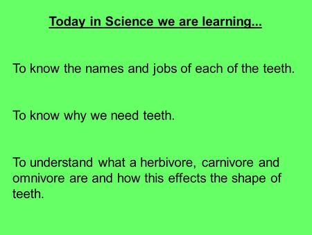 Today in Science we are learning... To know the names and jobs of each of the teeth. To know why we need teeth. To understand what a herbivore, carnivore.