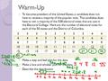 Warm-Up To become president of the United States, a candidate does not have to receive a majority of the popular vote. The candidate does have to win a.