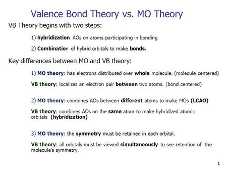 1 Valence Bond Theory vs. MO Theory VB Theory begins with two steps: 1) hybridization AOs on atoms participating in bonding 2) Combination of hybrid orbitals.