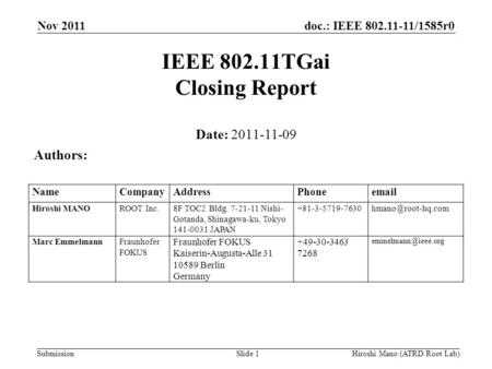 Doc.: IEEE 802.11-11/1585r0 Submission Nov 2011 Hiroshi Mano (ATRD Root Lab)Slide 1 IEEE 802.11TGai Closing Report Date: 2011-11-09 Authors: NameCompanyAddressPhoneemail.