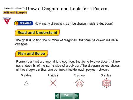The goal is to find the number of diagonals that can be drawn inside a decagon. How many diagonals can be drawn inside a decagon? COURSE 2 LESSON 7-6 Remember.
