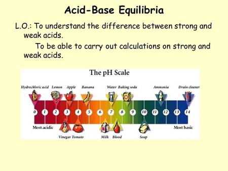 Acid-Base Equilibria L.O.: To understand the difference between strong and weak acids. To be able to carry out calculations on strong and weak acids.