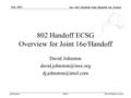 Doc.: 802_Handoff_Joint_Handoff_16e_Session Submission July. 2003 David Johnston, IntelSlide 1 802 Handoff ECSG Overview for Joint 16e/Handoff David Johnston.