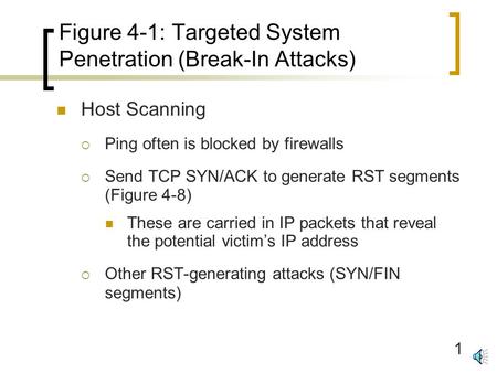 1 Figure 4-1: Targeted System Penetration (Break-In Attacks) Host Scanning  Ping often is blocked by firewalls  Send TCP SYN/ACK to generate RST segments.