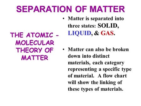 SEPARATION OF MATTER SOLID, LIQUID, & GAS.Matter is separated into three states: SOLID, LIQUID, & GAS. Matter can also be broken down into distinct materials,