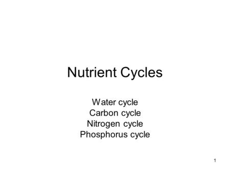 1 Nutrient Cycles Water cycle Carbon cycle Nitrogen cycle Phosphorus cycle.