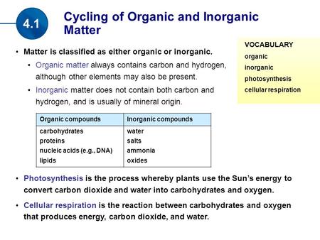 Matter is classified as either organic or inorganic. Organic matter always contains carbon and hydrogen, although other elements may also be present. Inorganic.