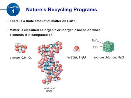 Nature’s Recycling Programs There is a finite amount of matter on Earth. Matter is classified as organic or inorganic based on what elements it is composed.