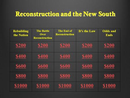 Reconstruction and the New South Rebuilding the Nation The Battle Over Reconstruction The End of Reconstruction It’s the LawOdds and Ends $200 $400 $600.