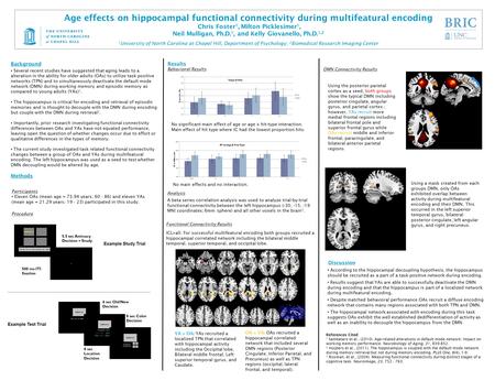 Age effects on hippocampal functional connectivity during multifeatural encoding Chris Foster 1, Milton Picklesimer 1, Neil Mulligan, Ph.D. 1, and Kelly.
