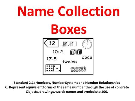Name Collection Boxes Standard 2.1: Numbers, Number Systems and Number Relationships C. Represent equivalent forms of the same number through the use of.