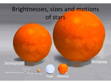 Brightnesses, sizes and motions of stars Recap Project: due Friday 11/21 Campus observatory Information from brightnesses of stars – Brightness depends.