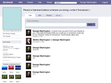 Facebook Person’s Name and status (what are you doing—write in first person.) WallPhotosFlairBoxesGeorge WashingtonLogout View photos of George Washington.