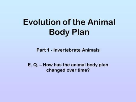 Evolution of the Animal Body Plan Part 1 - Invertebrate Animals E. Q. – How has the animal body plan changed over time?