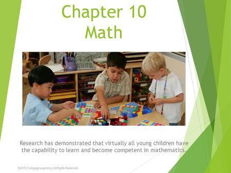 Chapter 10 Math Research has demonstrated that virtually all young children have the capability to learn and become competent in mathematics. ©2015 Cengage.