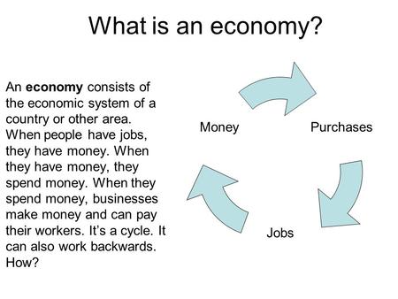 What is an economy? An economy consists of the economic system of a country or other area. When people have jobs, they have money. When they have money,